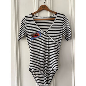 Acemi black and white ribbed striped bodysuit with purple orange patch M
